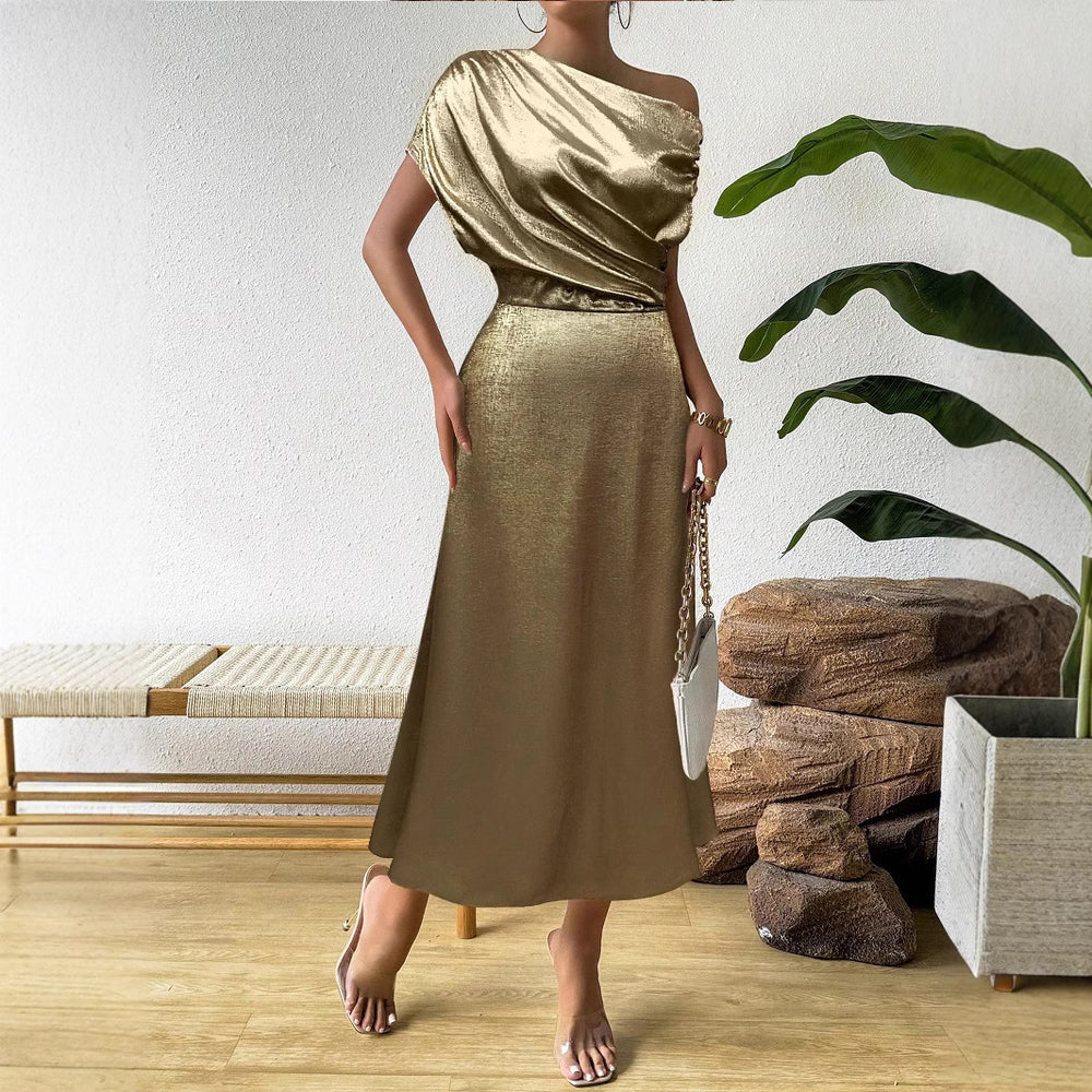 spring/summer european and american women's clothing cross-border  new style  solid color satin dress