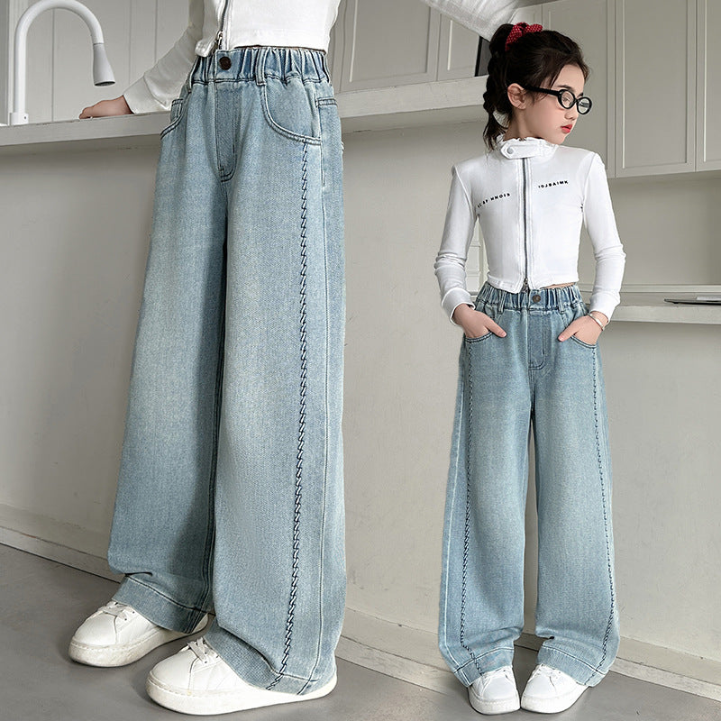Girls' spring wide-leg jeans:  new stylish korean style straight-leg casual pants for big girls