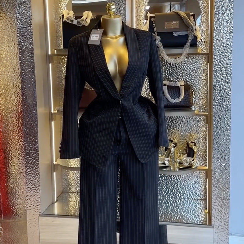 European and american cross-border women's fashion:  spring new collection - stylish and elegant striped blazer and wide-leg pants casual set