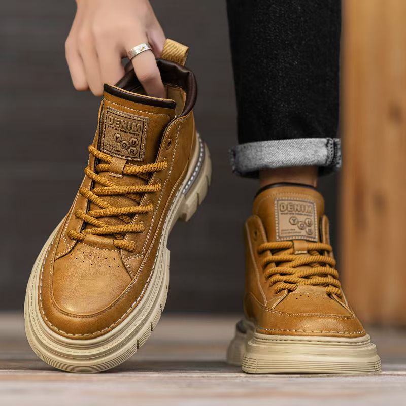 Boots men's high-top spring british style retro genuine leather mencasual leather shoes mid-top waterproofworkwear boots