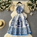 Vintage court style printed dress - women's french chic, slimming, elegant, sleeveless, flowy maxi gown
