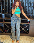 Fashion cross-border women's clothing  ins style stylish street large flap pocket pants loose suspender jeans