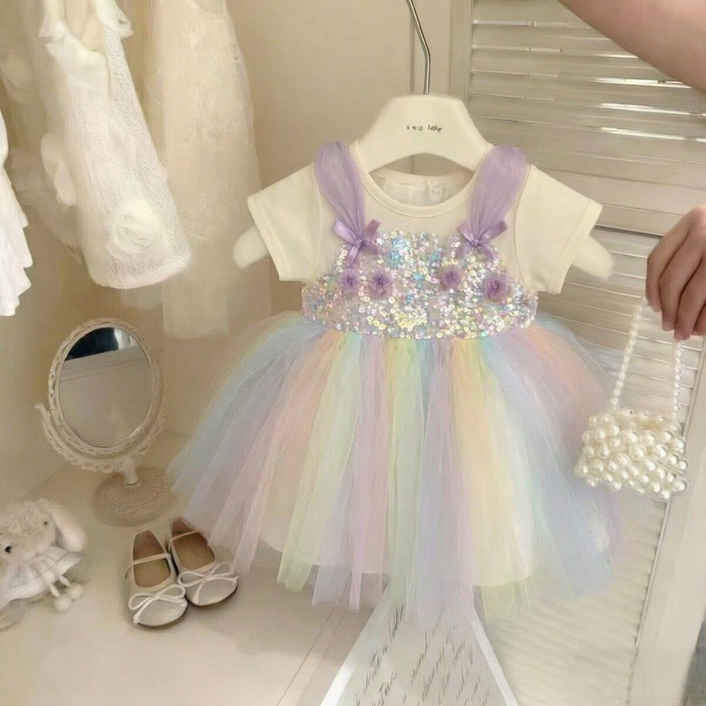 Rainbow sequin princess dress for girls,  summer sweet baby girl dress, super cute girls' skirt
