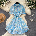 Frenchromantic style floral elegantdress women's summerk-style waist slimming look a-line skirt gentle tie back