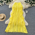 Vacation-style yellow tube top, loose-fitting sleeveless dress for women, summer ruffle trim halter neck design, french-inspired maxi dress