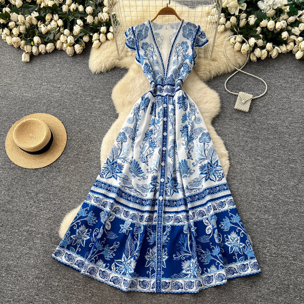 Luxury blue and white porcelain style v-neck sleeveless printed dress - women's new summer collection, slimming a-line maxi dress, elegant