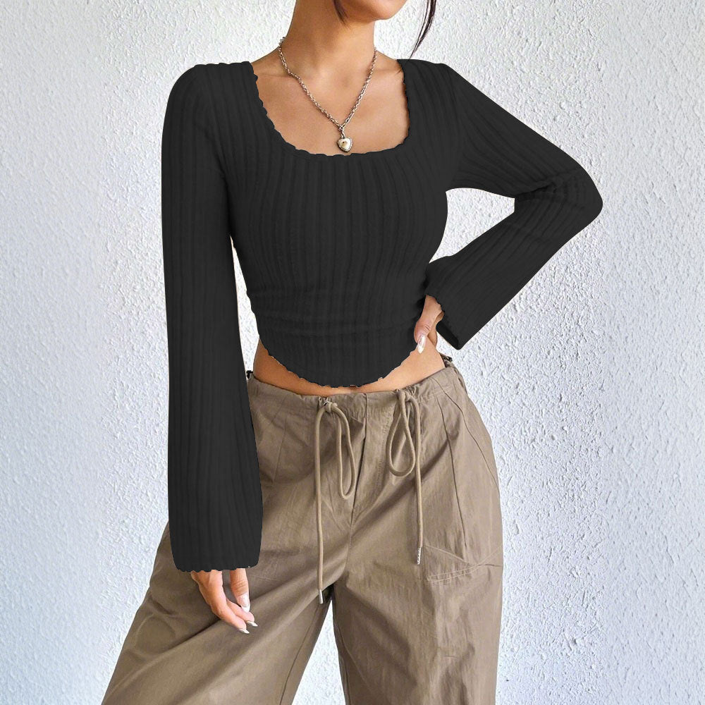 European and american cross-border  spring/summer new arrivals:  women's fashionable and elegant square neck flared long sleeve t-shirt top