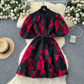 French retro court style heavy embroidery lantern sleeve cinched waist dress - women's summer high-end slimming a-line dress