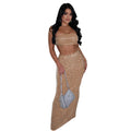C7222 cross-border   fashion women's sexy bandeau hotfix rhinestone bodycon maxi dress two-piece set