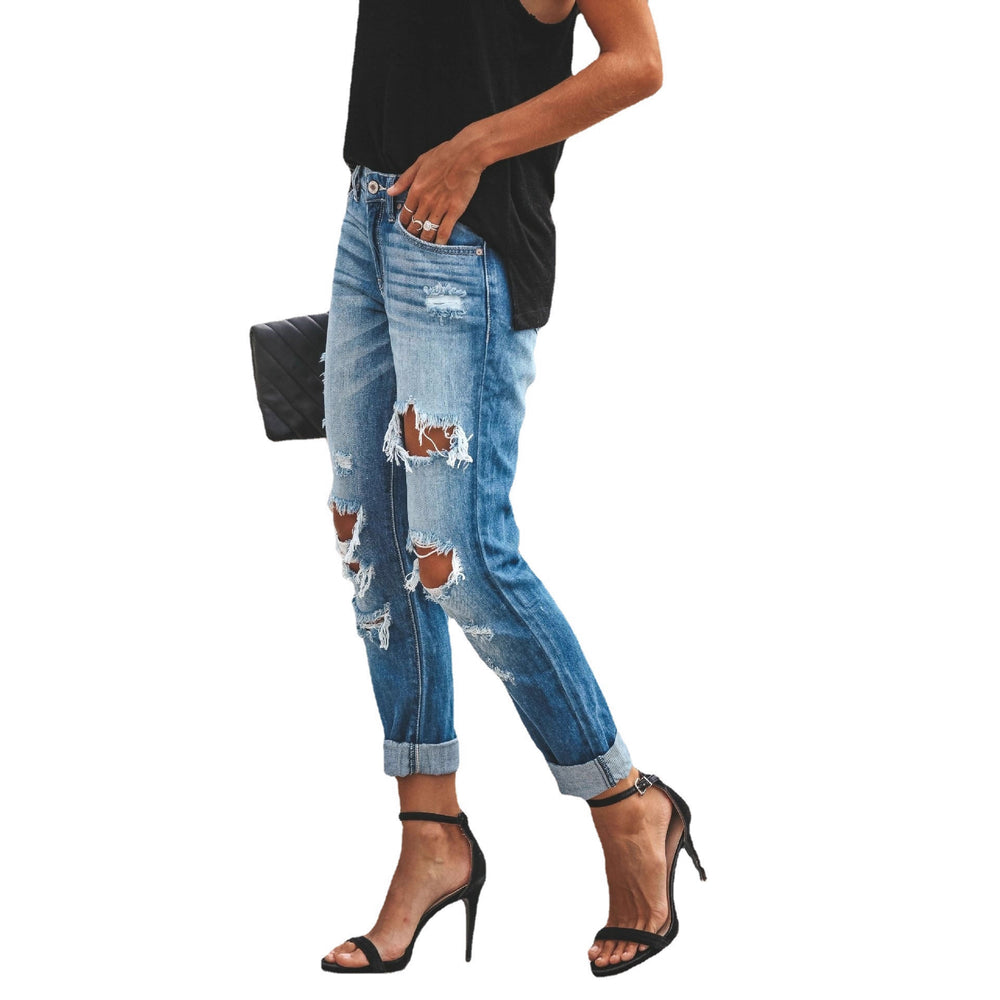 summer new arrival:  cross-border fashion, european and american style, washed  distressed straight-leg streetwear jeans for women