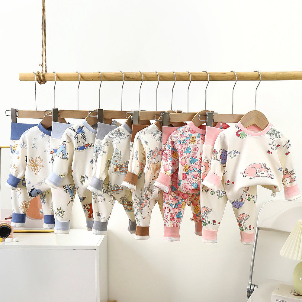 Kidsa type pure cotton boneless cartoon plaidintimates partial placket suit pajamas baby round neck autumn clothes high waist autumn pants