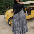Fashion cross-border women's clothing  summer new elegant high waisttie backplaid fungus edge long large swing skirt