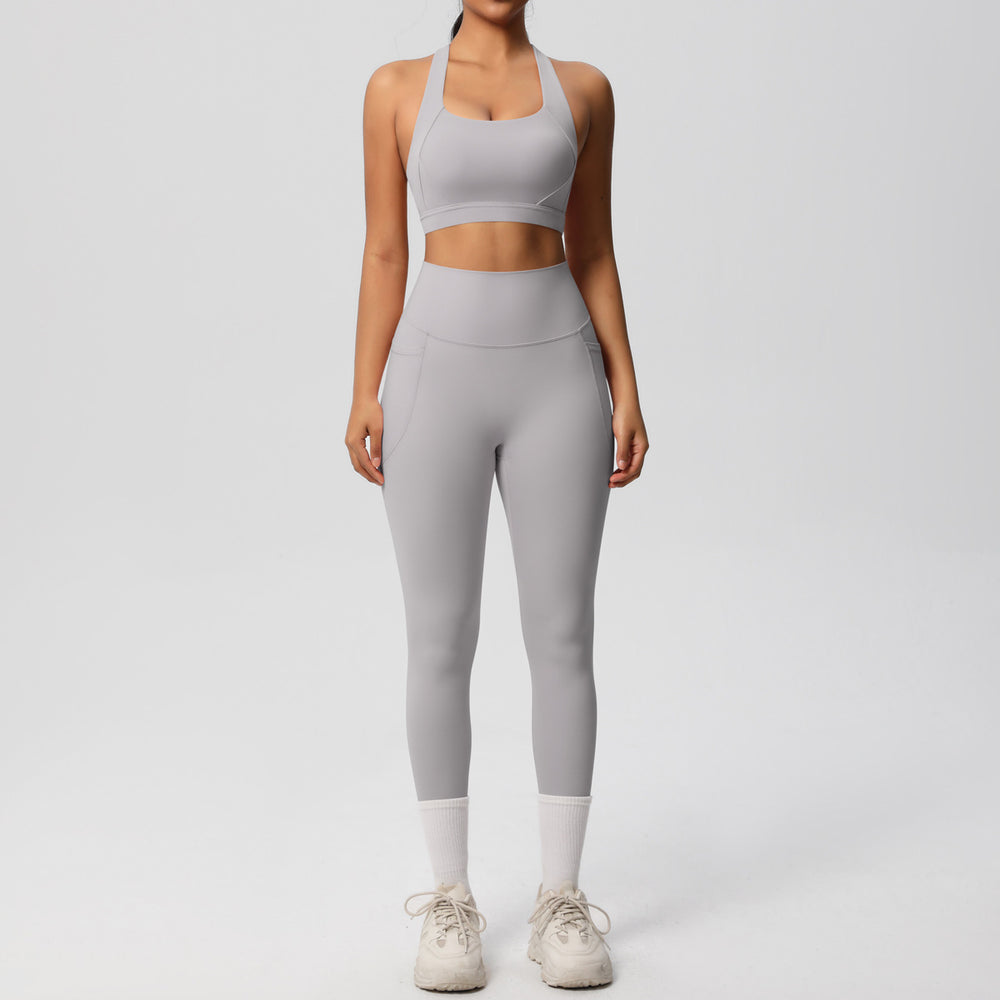 European and american cross-border yoga double-sided brushed tank top & shockproof pocket pants pilates running fitness yoga outfit two-piece set