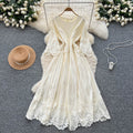 French court style three-quarter sleeve dress - women's summer mesh hollow-out crochet design, elegant flowy maxi dress