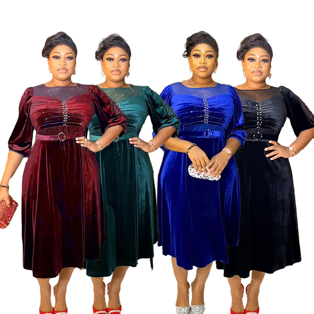 Aliexpress african plus size  autumn/winter new european and american cross-border elegant evening gown rhinestone velvet dress