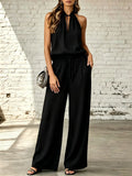 cross-border fashion  spring/summer women's solid color casual cotton linen top and wide-leg pants set