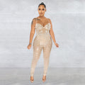 C6272 cross-border   fashion women's solid color mesh rhinestone sleeveless pants jumpsuit