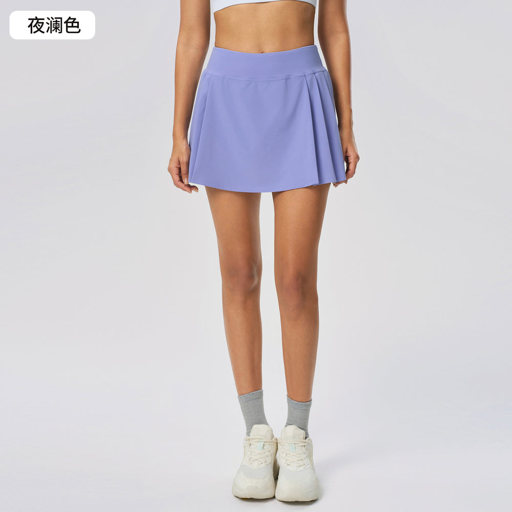 Luxtrenew arrivalpleated leg length yoga shorts skirt for women fake two-piece fashion tape tennis sports skirt dss064