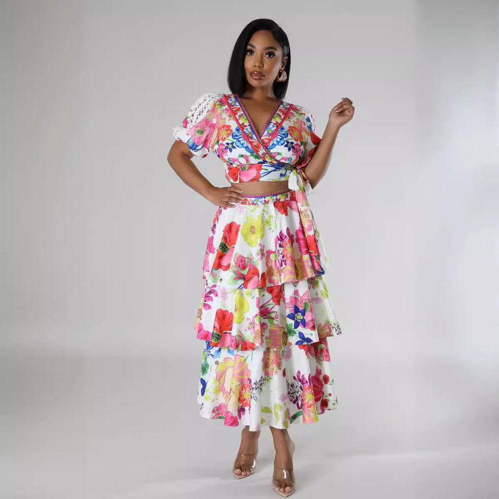 European and american cross-border women's fashion:  summer new arrival - short sleeve v-neck tie-up top and high-waisted printed midi skirt two-piece set