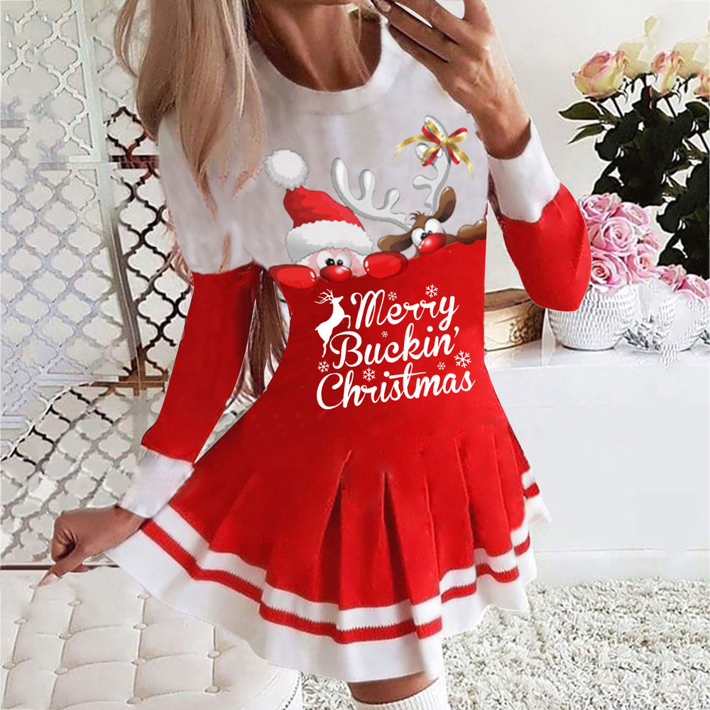 2025 european and american cross-border women's autumn/winter new collection: round neck long sleeve pleated casual party dress