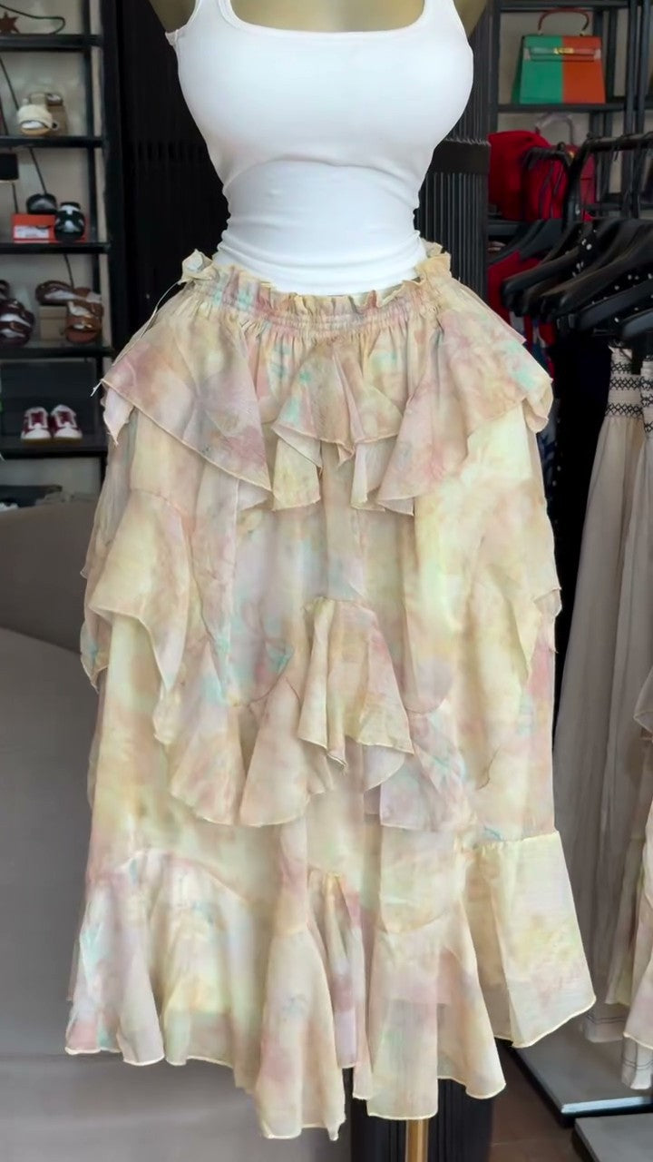 European and american cross-border women's fashion:  summer new arrivals - sweet & fresh high-waisted ruffle hem asymmetrical print midi skirt