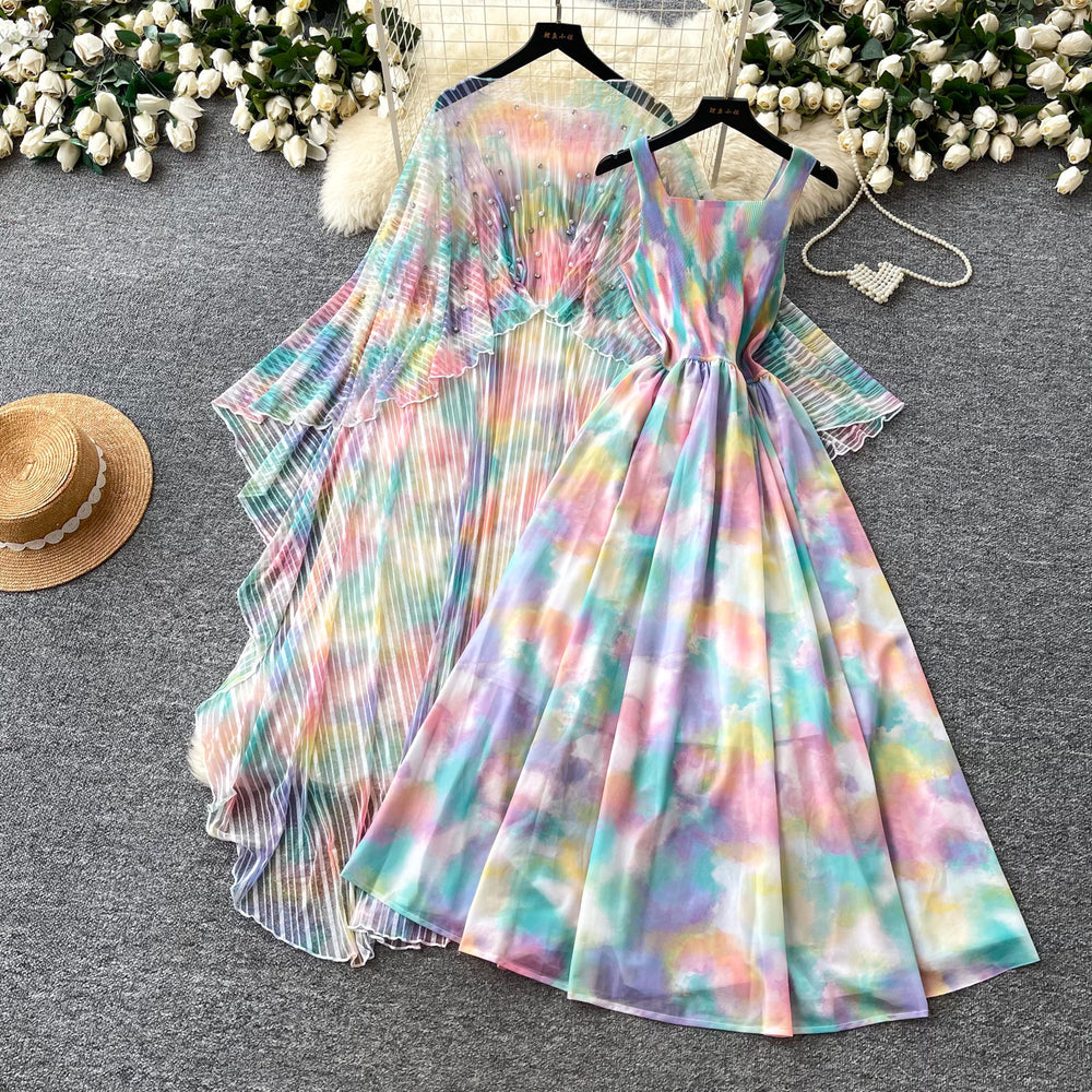 French riviera style printed dress - women's three-quarter sleeve, slim-fit, two-piece summer set with beaded detailing - elegant & professional
