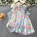 French riviera style printed dress - women's three-quarter sleeve, slim-fit, two-piece summer set with beaded detailing - elegant & professional