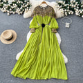 French-style heavy embroidery beaded sequin mesh patchwork lantern sleeve tie-waist pleated maxi dress - women's high-end long dress