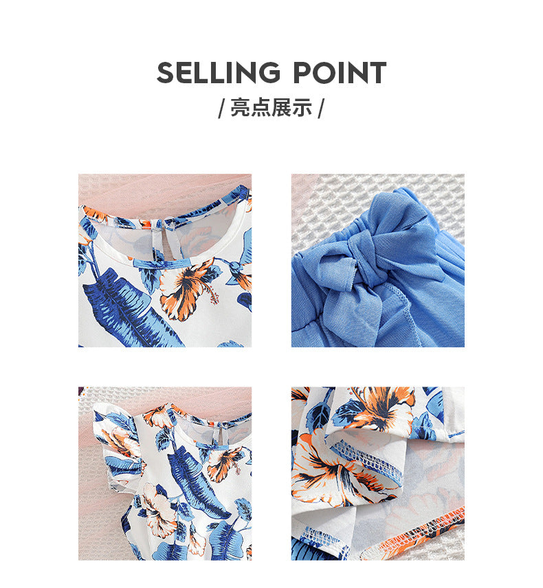 Summer girls' two-piece set: ruffle flutter sleeve printed tank top with cute lace-trimmed blue shorts - sleeveless outfit for kids