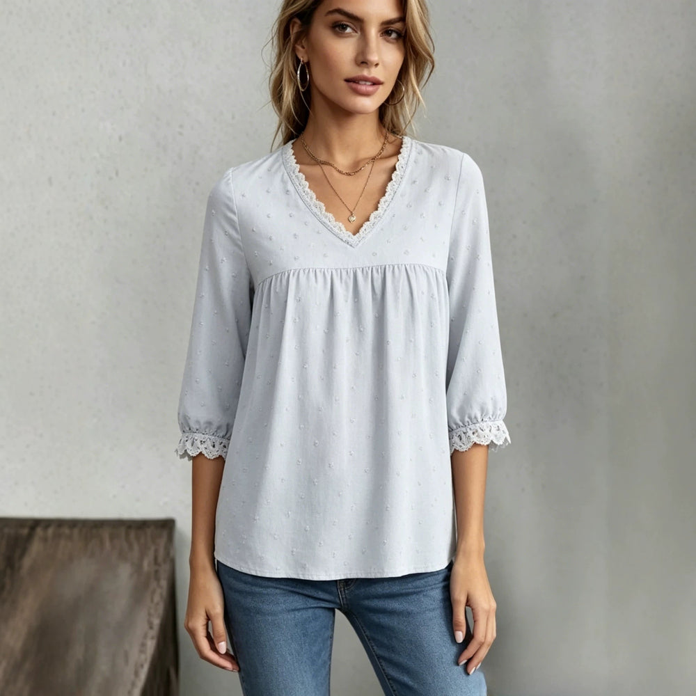 summer european and american casual women's pullover jacquard v-neck solid color blouse