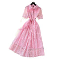 French chic socialite beaded pocket short sleeve dress - women's cinched waist elegant crochet embroidery mesh maxi dress