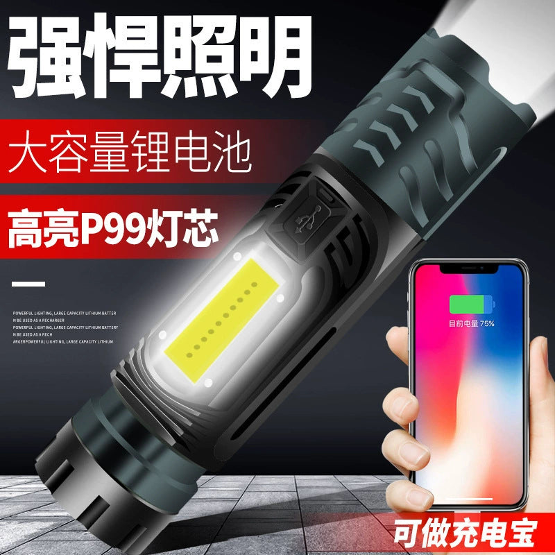 Factory direct sales p90 strong light flashlight multi-function zoom COB with side light usb mobile phone charging window breaker
