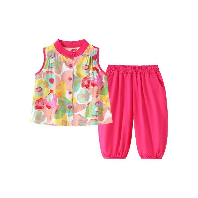 【comfortable neckline】girls' summer outfit set  new style baby floral tank top summer clothes little girl chic