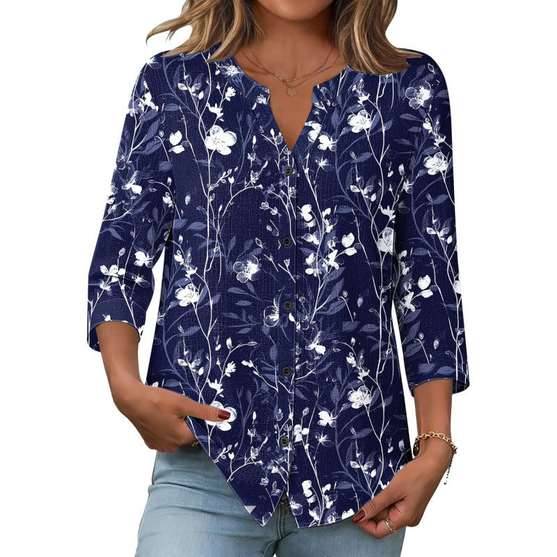 Amazon european goods  summer button-down shirt, three-quarter sleeve v-neck blouse, fashionable casual loose top