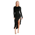 spring/summer new arrivals: european and american style sexy long-sleeved irregular ruffle hem dress with slit – fashionable and alluring