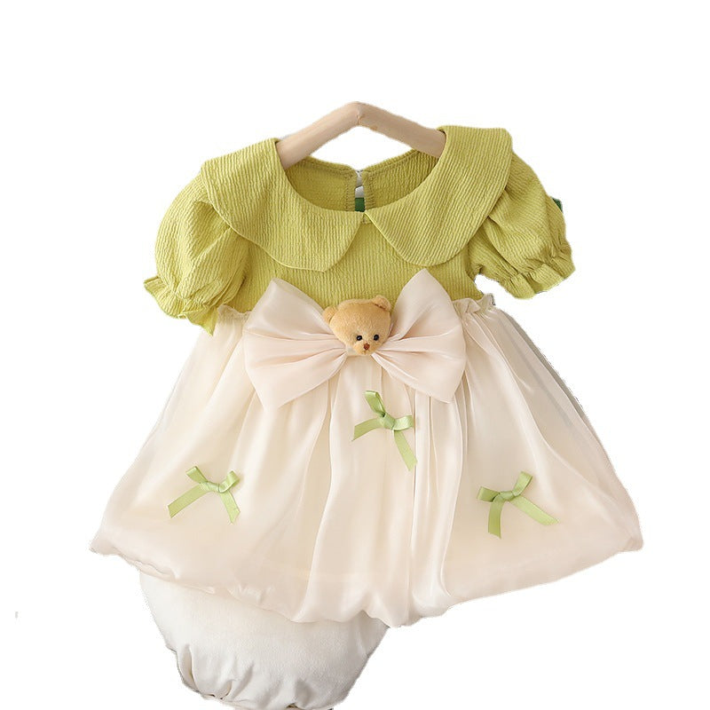 Girls' dress  summer new arrival: doll collar, bowknot, bear design, korean style, lightweight short-sleeve cotton dress for children