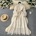 French chic luxury: exquisite embellished floral embroidered mesh dress - autumn tie-waist maxi dress