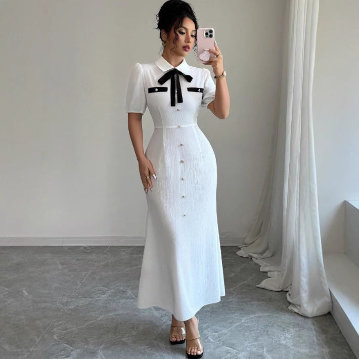Pre-sale yang zi's same style shirt dress pleated classybowslong sleeves skirt waist long skirt