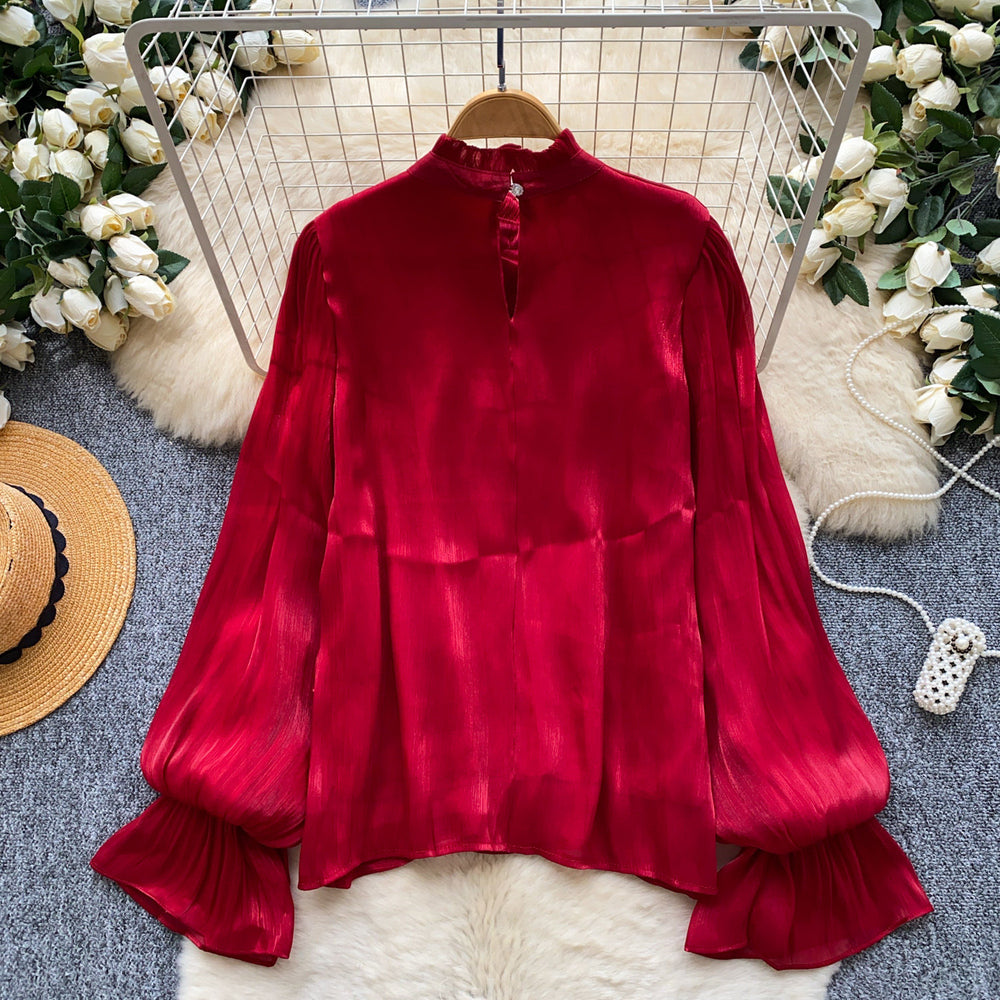 Frenchruffleslong sleevesshirt women's red sense of designelegant gentle stylework clothingtopsniche style chic shirt