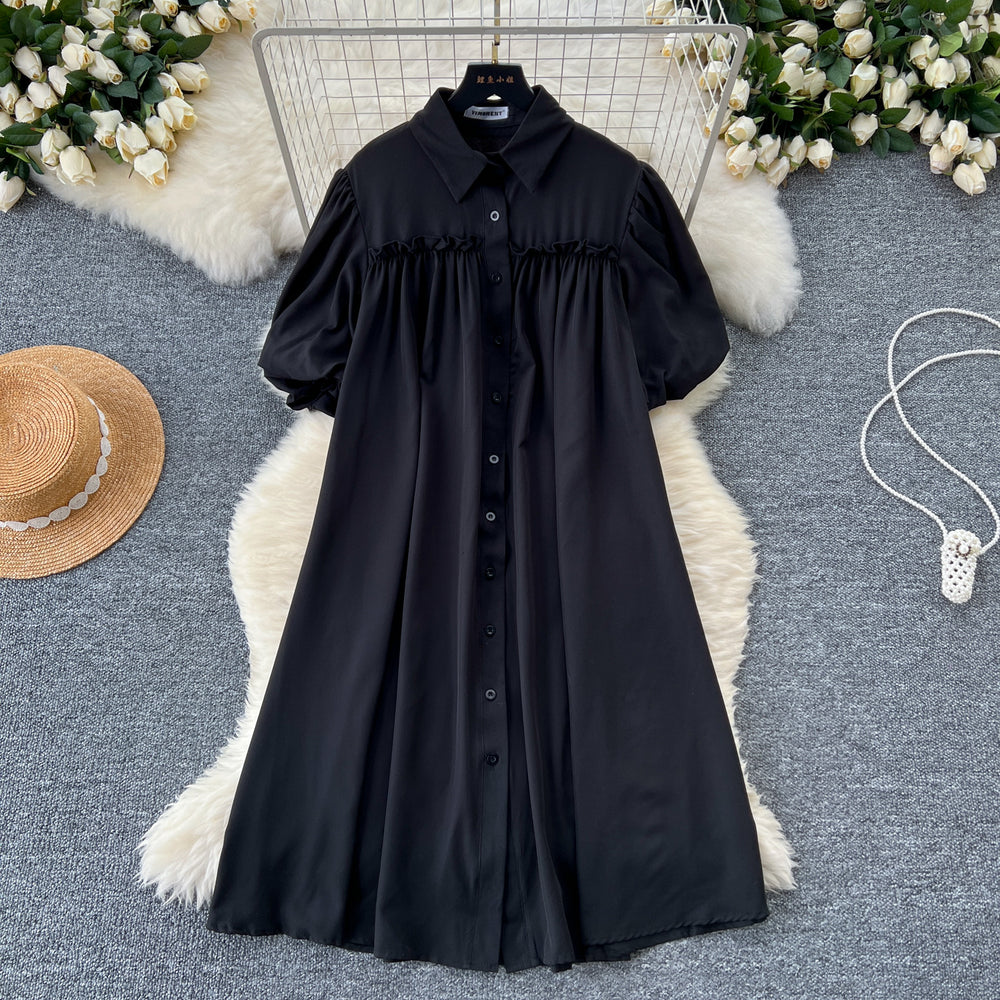 Lazy style dress women's korean style fashionsense of design lantern sleeves pleated single-breasted slimming lookloose shirt skirt