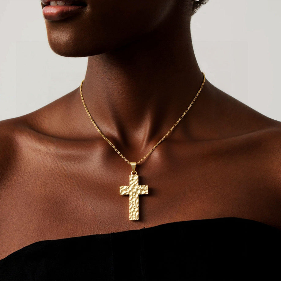 European and american new style minimalist hammered cross pendant necklace - vintage niche stainless steel cross jewelry