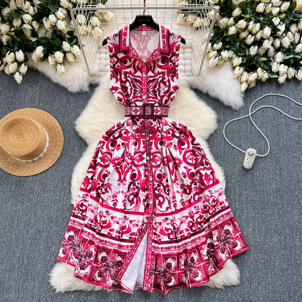 Vintage court style printed dress - women's summer sleeveless, slim-fit, figure-flattering, unique design, understated luxury, elegant maxi dress