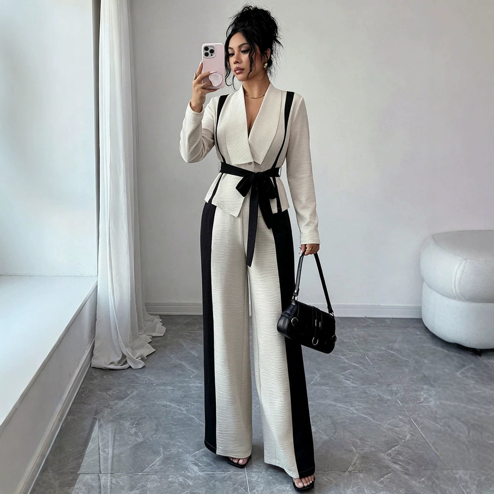 minimalist color block two-piece set: v-neck, tie-waist jacket with black and white wide-leg pants