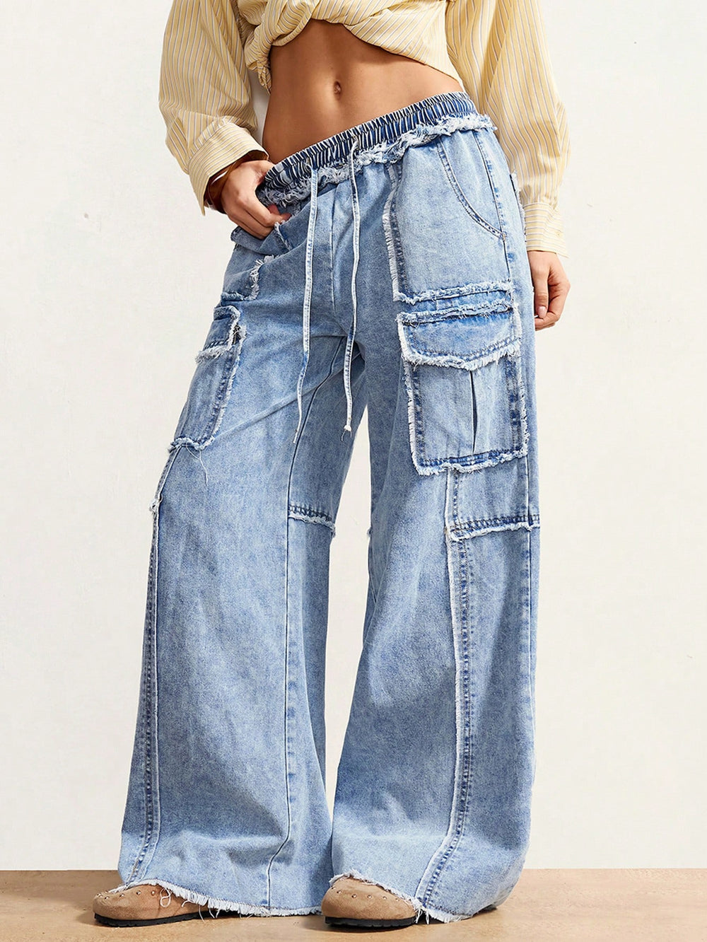European and american style women's drawstring elastic waist raw hem wide leg cargo jeans - vintage washed multi-pocket denim pants