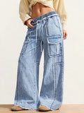 European and american style women's drawstring elastic waist raw hem wide leg cargo jeans - vintage washed multi-pocket denim pants