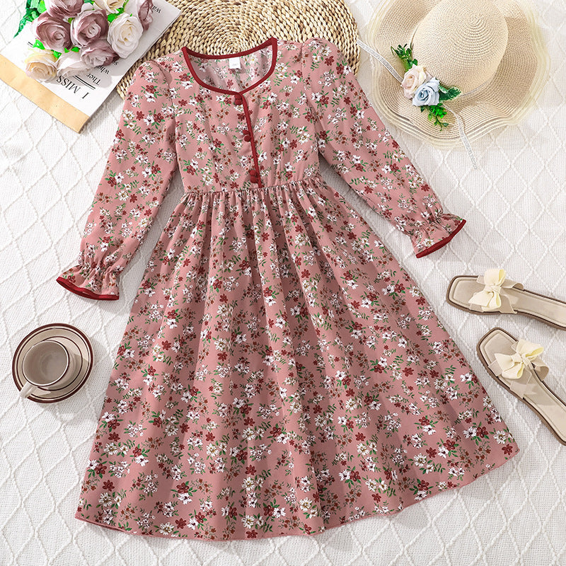 big kids' girls' clothing  foreign trade spring/autumn new french style vacation floral print cinched waist long sleeve dress