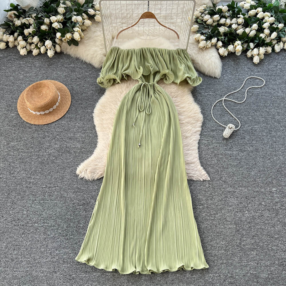 French one-shoulder ruffle tie-up dress - women's summer slimming a-line pleated maxi dress - vacation style