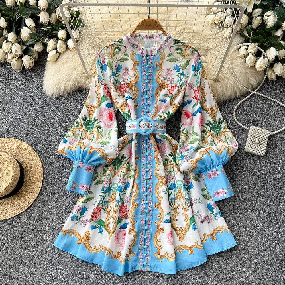 Palace style v neck lantern sleeve printingdress women's spring summerk-style waist slimming look floral a-line skirt work clothing
