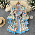Palace style v neck lantern sleeve printingdress women's spring summerk-style waist slimming look floral a-line skirt work clothing