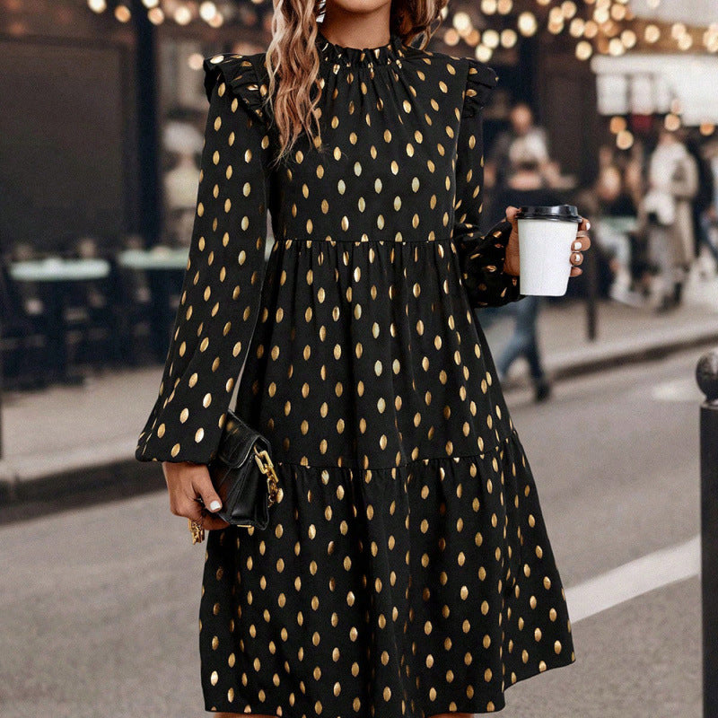 Women's  autumn new arrival v-neck long sleeve printed dot chiffon dress